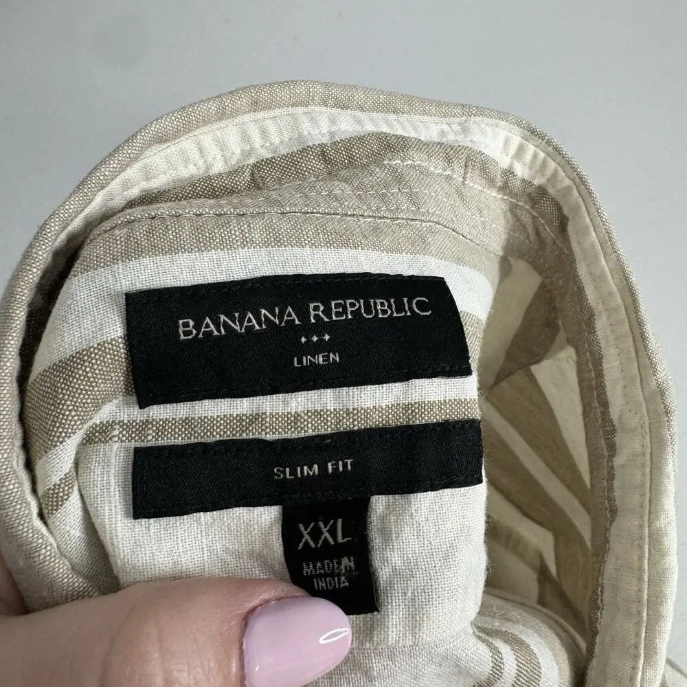 Banana Republic Mens Shirt XXL Tan Linen Blend Striped Slim Fit Old Money Preppy